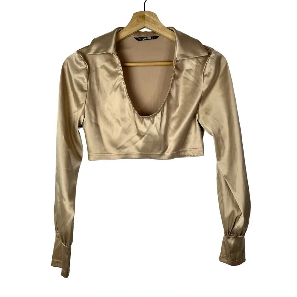 Shein Beige Gold Scoop Neck Cropped Long Sleeve Top XS